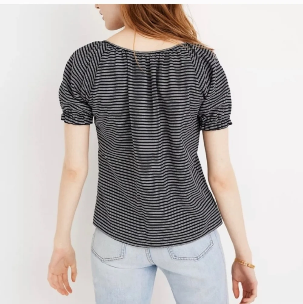 Madewell NWT Blue White Striped Smocked Neck Puff Sleeve Casual Coastal Top Med.